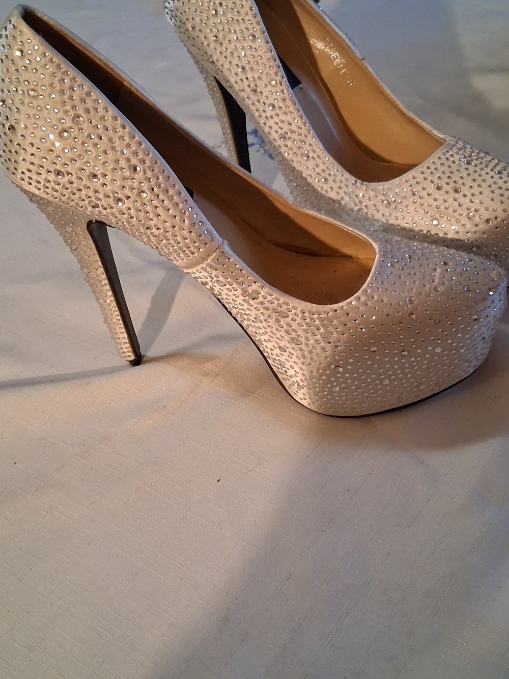 Crystal-Embellished White Platform Stiletto Pumps Silver 8 260950